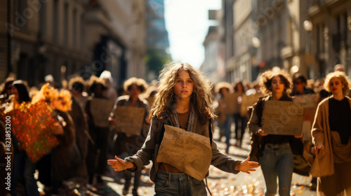 A young girl looks confused amid a protest on a sunlit street with signs calling for change