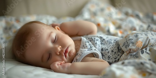 A peaceful baby dozes in bed embracing the enchantment of dreams. Concept Infant Sleep, Dreamworld Delight, Childhood Calmness, Tranquil Slumber
