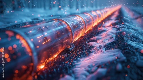 Glowing heated pipeline in a snowy landscape. The warmth contrasts with surrounding cold environment, highlighting industrial infrastructure.