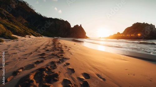 Footprints on a Secluded Beach at Sunset. Generative AI