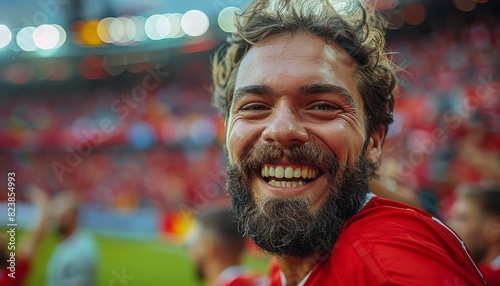 A bearded man smiles broadly at a soccer game, surrounded by a cheering crowd. His happiness is contagious.