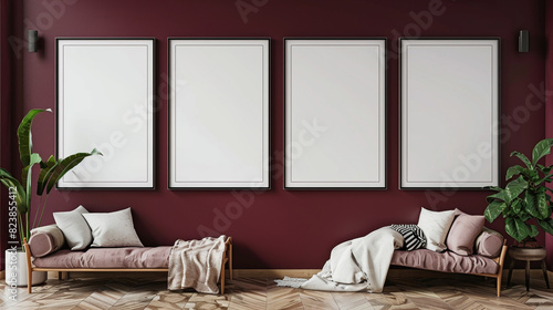 Four blank horizontal poster frames in a Scandinavian style living room with a deep burgundy and white color scheme. Frames are staggered vertically beside a comfortable reading nook.