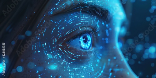 Close-up of a human eye depicting advanced digital technology and futuristic design, with glowing blue data streams around it.
