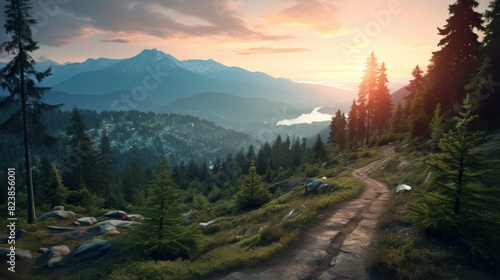Scenic mountain landscape with a winding path, dense forest, and a serene lake at sunset, perfect for nature enthusiasts and outdoor adventures.