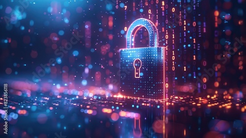 Digital padlock symbolizing cybersecurity, data protection, and online privacy amidst a colorful futuristic matrix background.