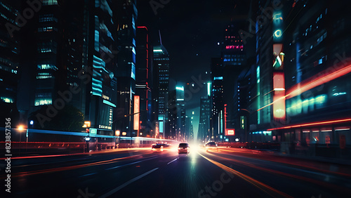 Image of Blurry view of city traffic lights and car at night for background wallpaper.- Generated AI