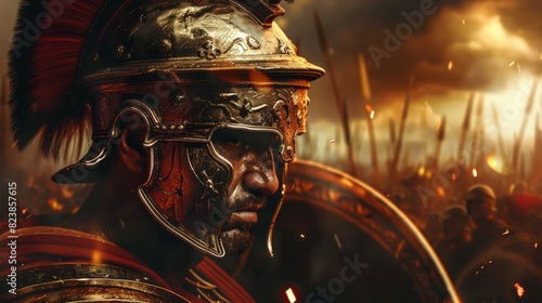 Roman male legionary, legionaries wear helmet with crest, long sword and scutum shield, heavy infantryman, realistic soldier of the army of the Roman Empire, on Rome background. Warrior Gladiator