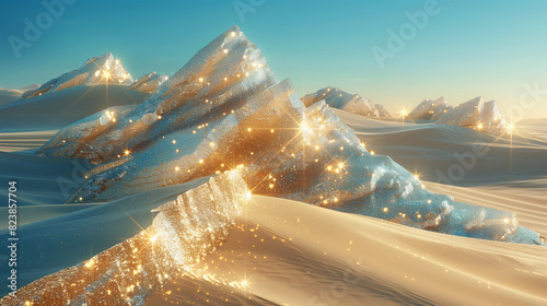 A desert landscape where the dunes are made of shifting piles of glittering gems, their surfaces sparkling in the sunlight