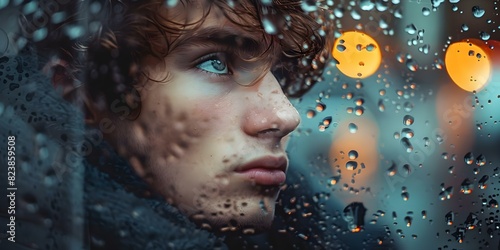 Lost in Thoughts: A Melancholic Young Man Gazing Through a Rainstreaked Window. Concept Sadness, Pensive, Rainy Day, Emotional Portrait, Youthful Melancholy