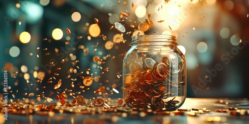 Enchanted Savings: Coins Falling into Clear Jar, Wealth Symbol