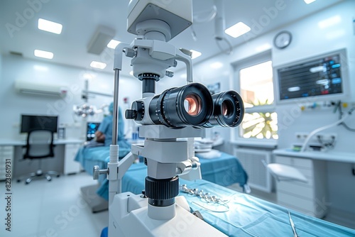 A surgical microscope in the operating room of a modern ophthalmological clinic. Vision correction, cataract treatment