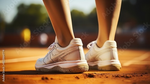Detailed view of white sneakers on a clay tennis court with sportive connotation