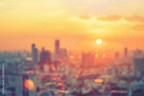 blurred cityscape at golden hour with warm hazy sunset sky urban summer heat wave background