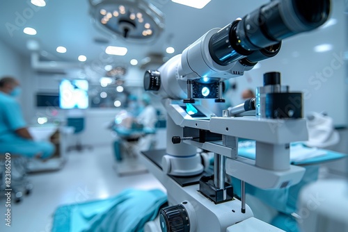A surgical microscope in the operating room of a modern ophthalmological clinic. Vision correction, cataract treatment