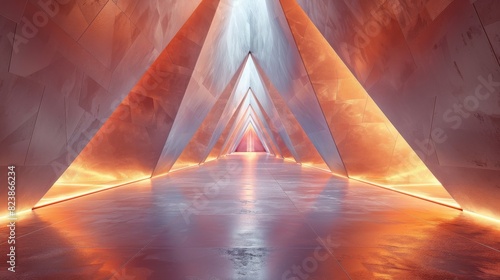 An ultramodern image showing a triangular tunnel illuminated by orange and purple lights, evoking a sense of advanced technology