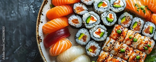 Sushi platter with rolls and nigiri, bright setting, text space, highlighting Japanese cuisine.