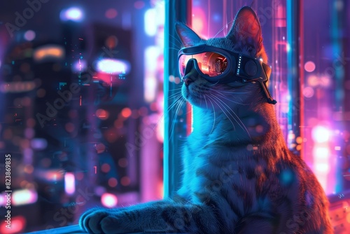 A closeup of a cybernetic cat with augmented reality glasses