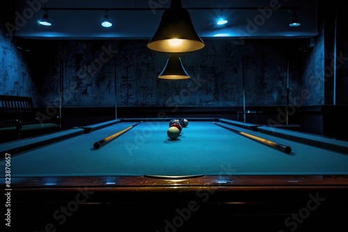 A pool table with a single pool ball, suitable for sports and recreational concepts