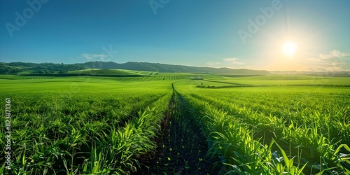 Sugarcane farm under a clear sky: A green agricultural background in a rural setting. Concept Agriculture, Sugarcane Farm, Rural Setting, Clear Sky, Green Background