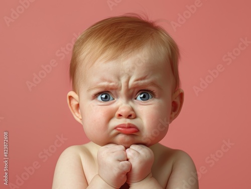 A baby making a goofy face isolated on a solid pastel pink background