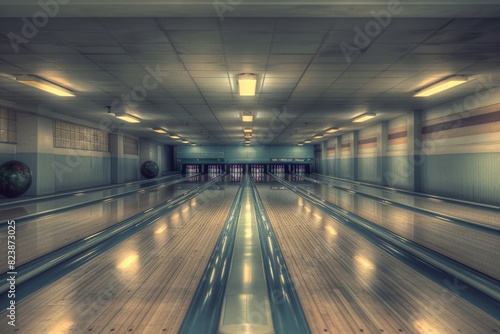 A modern bowling alley with colorful lanes and bright lights. Perfect for advertising entertainment venues
