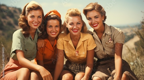 Five cheerful women dressed in 1940s fashion posing together with a scenic backdrop