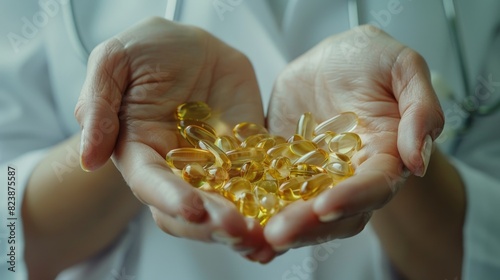 A person holding a handful of fish oil capsules. Perfect for health and wellness concepts