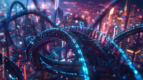 Roller coaster tracks curving sharply against a backdrop of city lights.