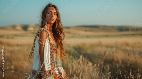 A beautiful young woman with long brown hair standing in a field of wheat. She is wearing a white dress with a colorful pattern and a headband with feathers.