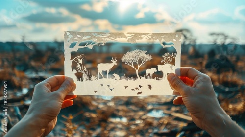 Two hands holding paper cutouts of wildlife over a barren landscape, focusing on habitat restoration.