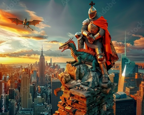 A knight in armor stands on a rooftop in a modern city, with a dragon perched on his shoulder and another flying in the background.