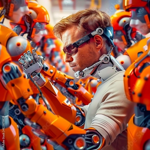 A man with sunglasses and a cybernetic arm is working on a robot.