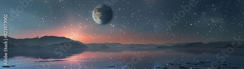 Frame mockup, a dreamy starlit night over a tranquil lake with reflections of the moon and constellations, creating a serene and mystical ambiance