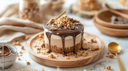 jar cake made of cheese with chocolate peanut butter topping and graham crust