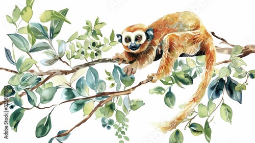 Set of water color of a slow loris, gently climbing a tree at dusk, in a serene, twilight jungle, Clipart isolated on white