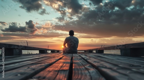 A man sitting on a dock enjoying the sunset. Perfect for travel and relaxation concepts