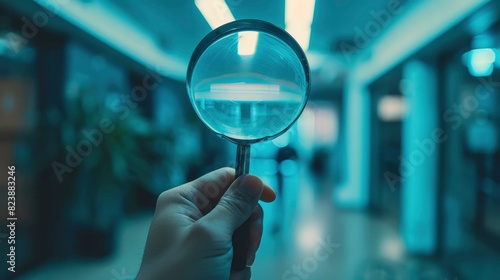 A hand holding magnifying glass on blurred business office background.