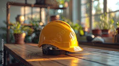A vibrant yellow safety helmet is placed on a wooden table with indoor plants in the background
