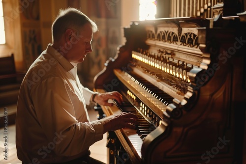 A man playing the piano in a church, suitable for religious and musical themes