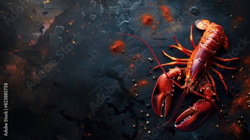 A red lobster on a black surface. Suitable for seafood or ocean-themed designs
