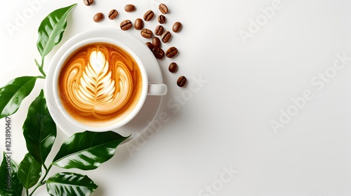 ad banner with white background, a logo on the left side and a cup of cappuccino with some roasted coffee beans and a leaf of a coffee plant from top on the right side, modern coffee brand