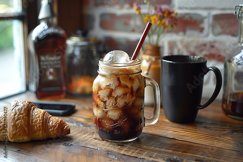A mug of coffee with ice cubes in it sits on a wooden table next to a croissant
