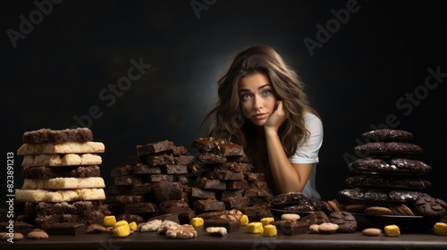 A young woman appears overwhelmed with a large variety of cookies and confectionery items in front of her