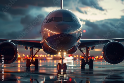 A large jetliner parked on an airport tarmac. Suitable for travel and transportation concepts