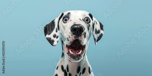 Studio portrait of a dalmatian dog with a surprised face, 