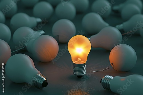 One of Lightbulb glowing among shutdown light bulb in dark area with copy space for creative thinking , problem solving solution and outstanding concept 