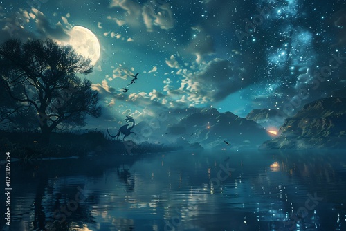 Night Sky Background, Full Moon, Anime Style
