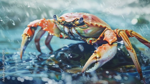A crab standing in the water, suitable for marine themes