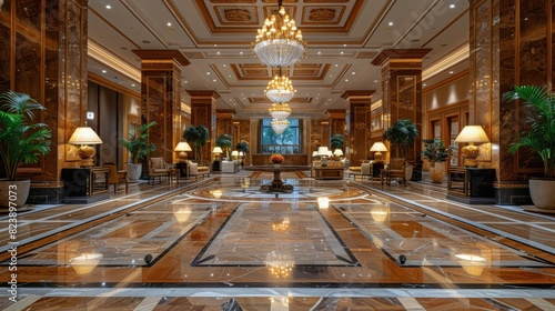 Grand Lobby With Chandelier and Hanging Fixture