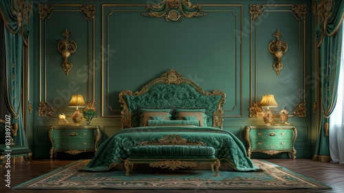 A large green bedroom with a bed, nightstand, and dresser